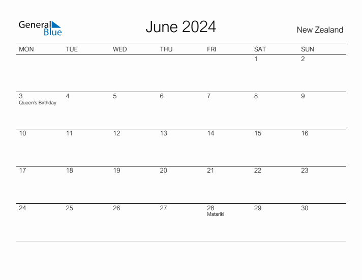 Printable June 2024 Monthly Calendar with Holidays for New Zealand