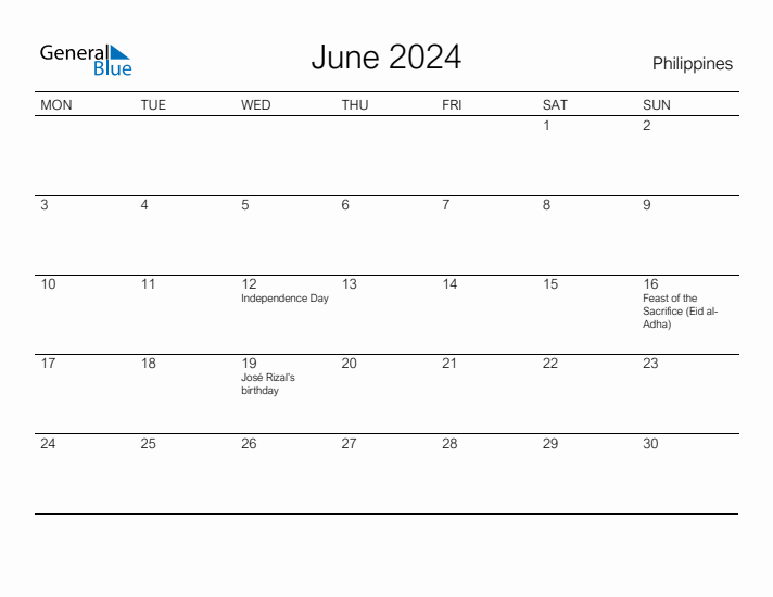 Printable June 2024 Monthly Calendar with Holidays for Philippines