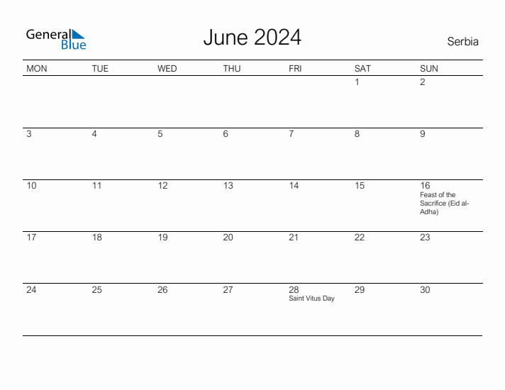 Printable June 2024 Calendar for Serbia