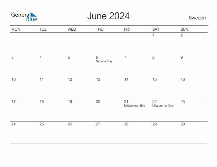 Printable June 2024 Calendar for Sweden