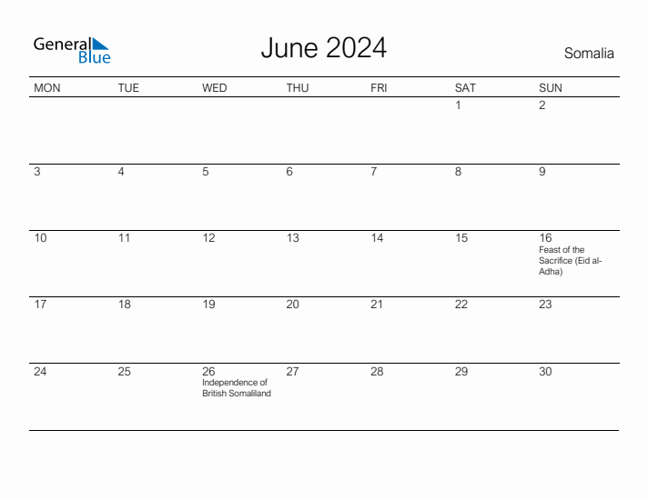 Printable June 2024 Calendar for Somalia
