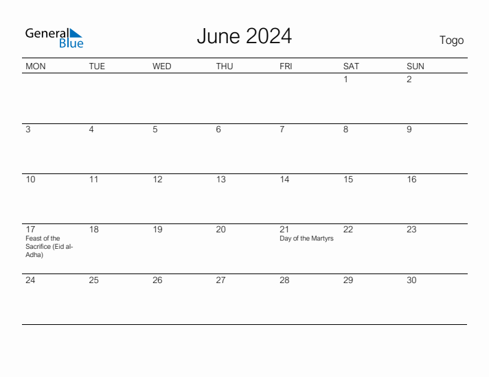 Printable June 2024 Calendar for Togo