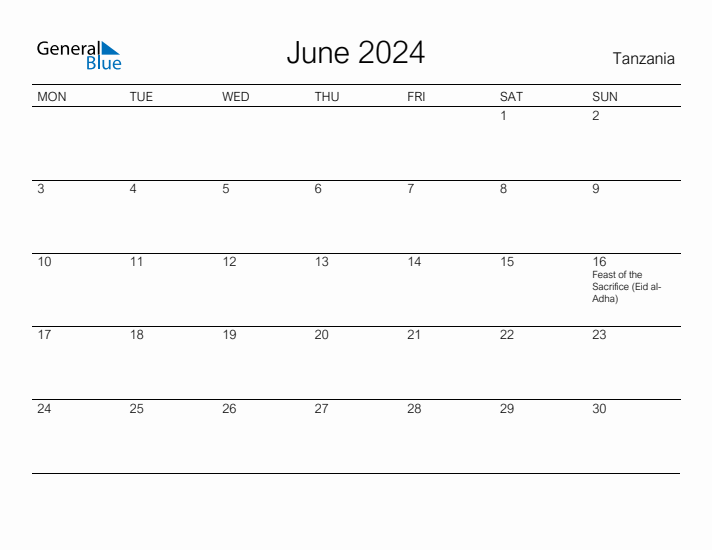 Printable June 2024 Calendar for Tanzania