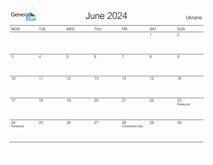 Printable June 2024 Calendar for Ukraine