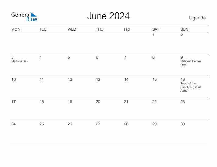 Printable June 2024 Calendar for Uganda