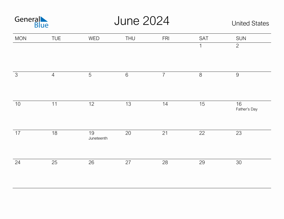 Printable June 2024 Monthly Calendar with Holidays for United States