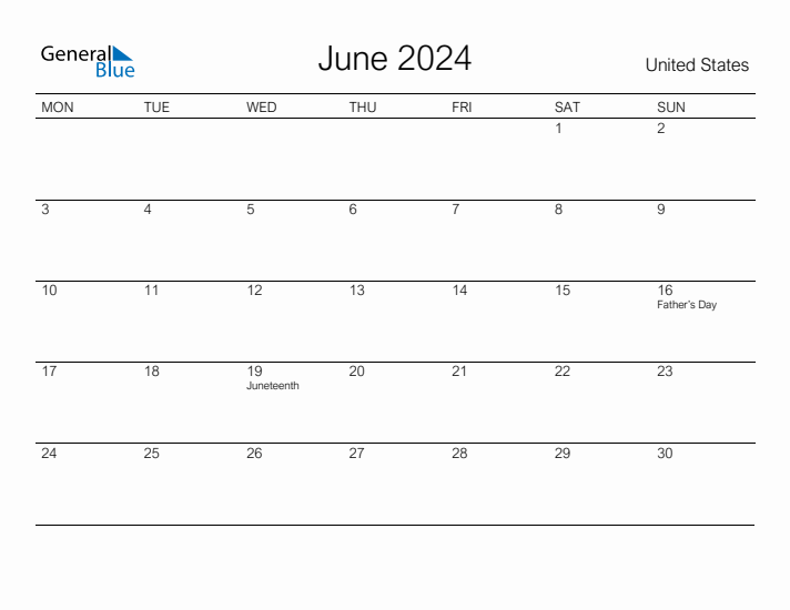 Printable June 2024 Monthly Calendar with Holidays for United States