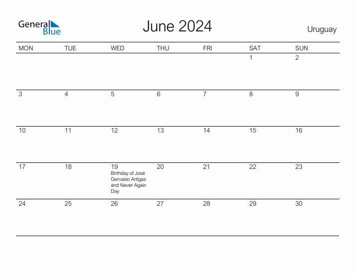 Printable June 2024 Calendar for Uruguay