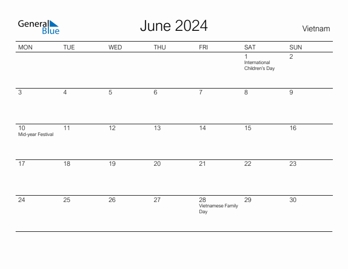 Printable June 2024 Calendar for Vietnam