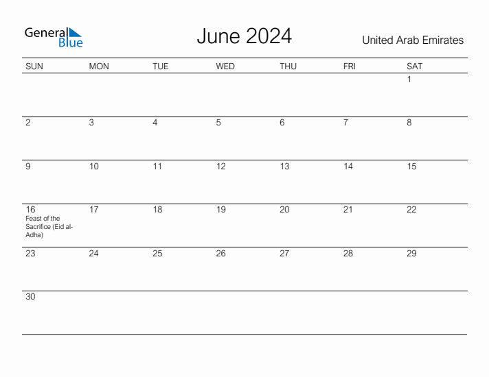 Printable June 2024 Monthly Calendar with Holidays for United Arab Emirates