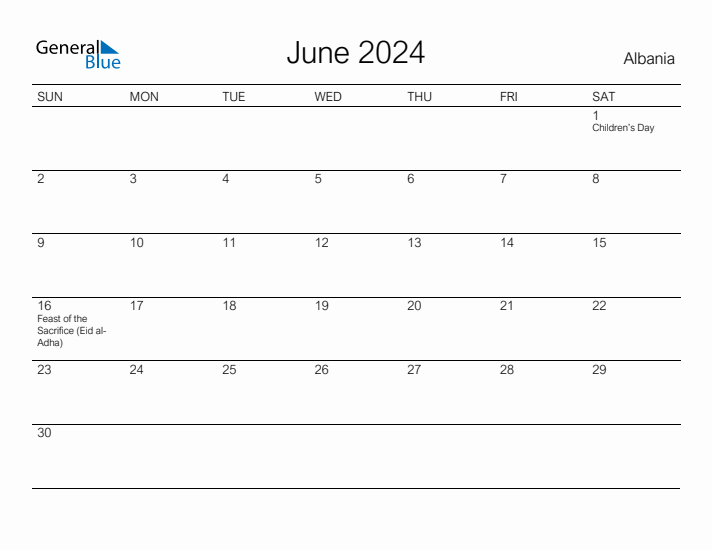 Printable June 2024 Calendar for Albania