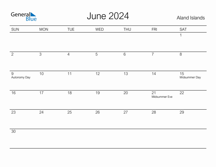 Printable June 2024 Calendar for Aland Islands