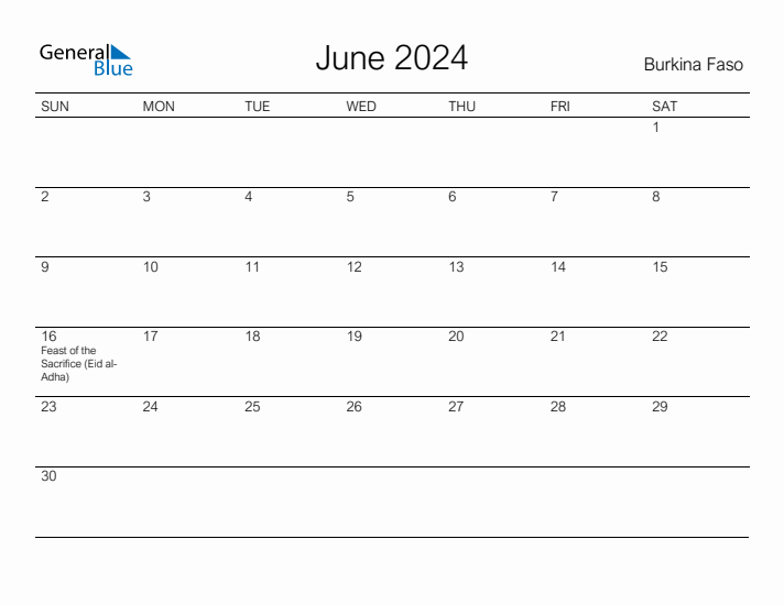 Printable June 2024 Calendar for Burkina Faso
