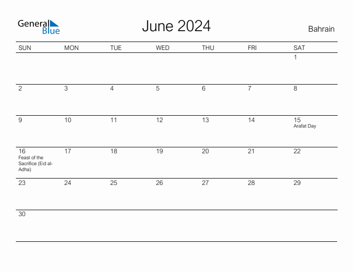 Printable June 2024 Calendar for Bahrain