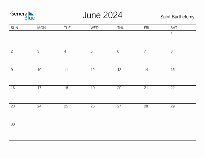 Printable June 2024 Calendar for Saint Barthelemy