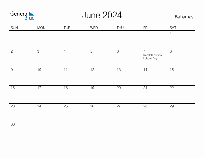 Printable June 2024 Calendar for Bahamas