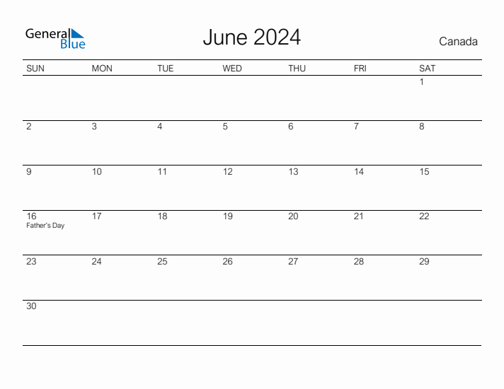 Printable June 2024 Monthly Calendar with Holidays for Canada