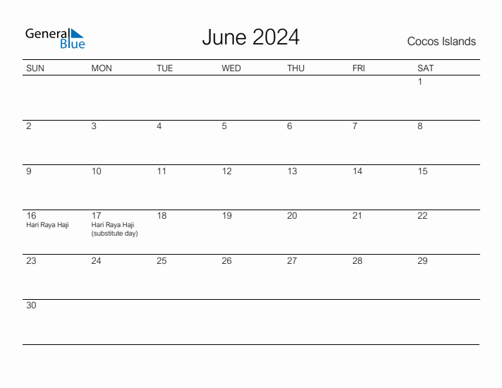 Printable June 2024 Calendar for Cocos Islands