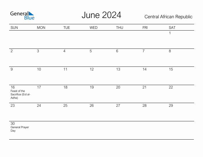 Printable June 2024 Calendar for Central African Republic