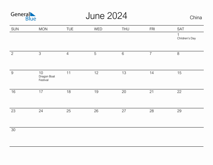 Printable June 2024 Calendar for China