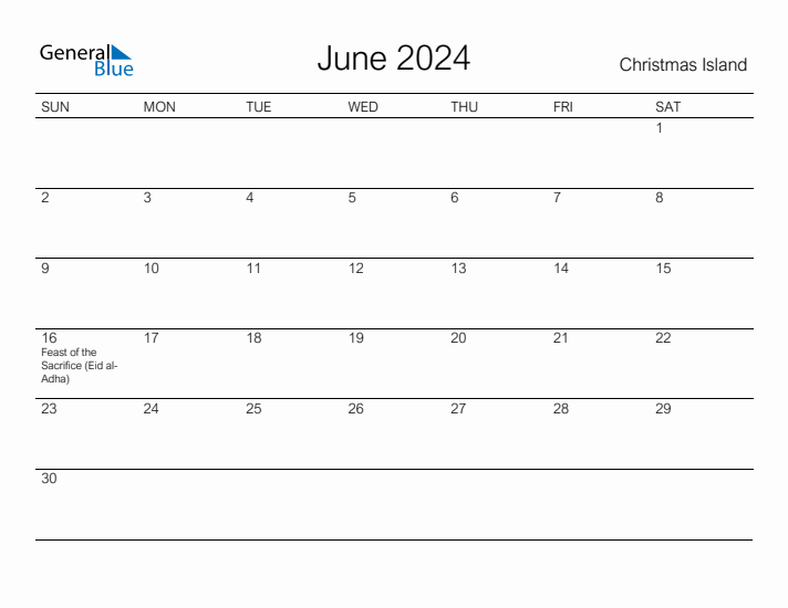 June 2024 Monthly Calendar with Christmas Island Holidays