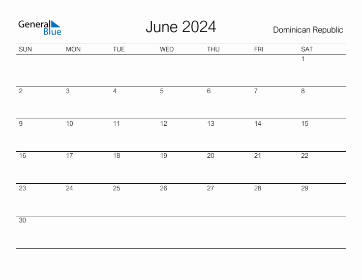 Printable June 2024 Calendar for Dominican Republic