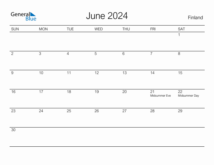 Printable June 2024 Calendar for Finland