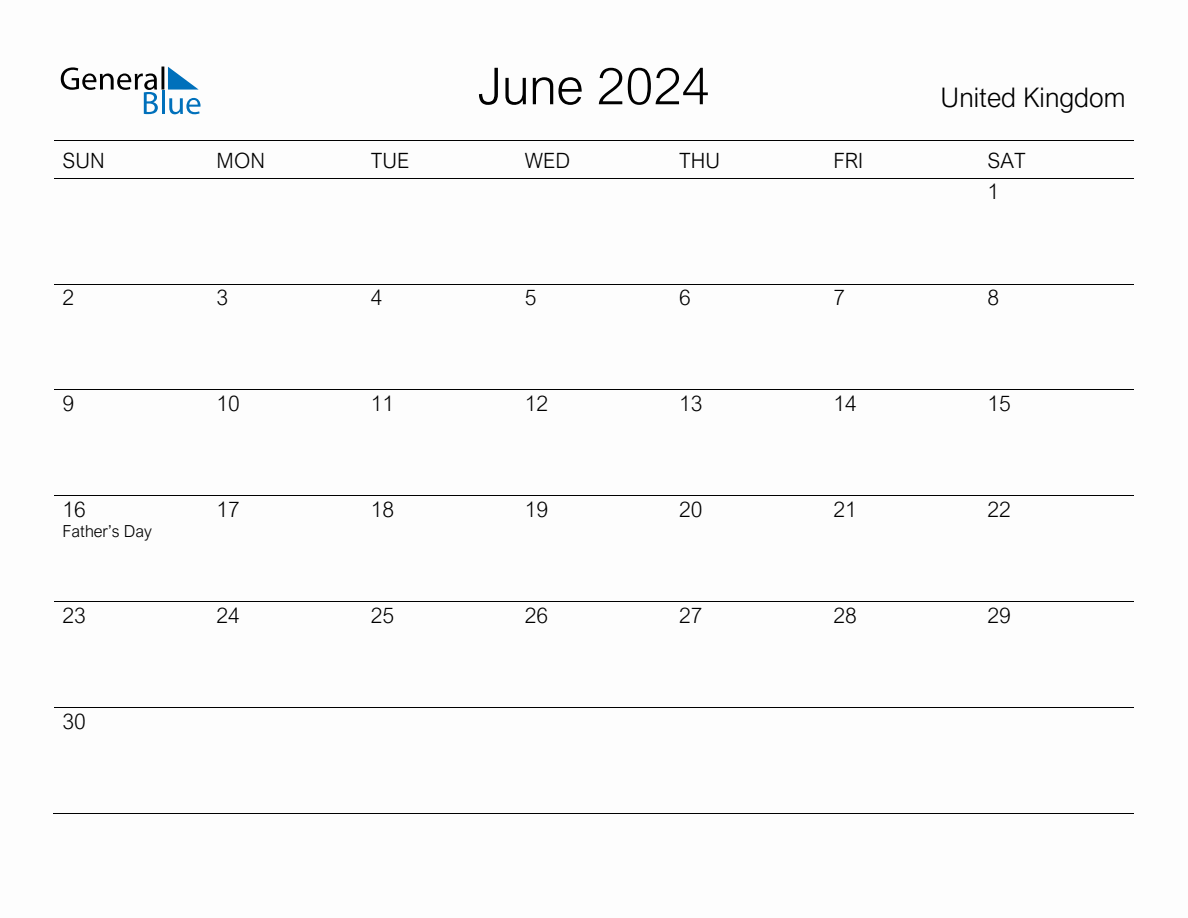 Printable June 2024 Monthly Calendar with Holidays for United Kingdom