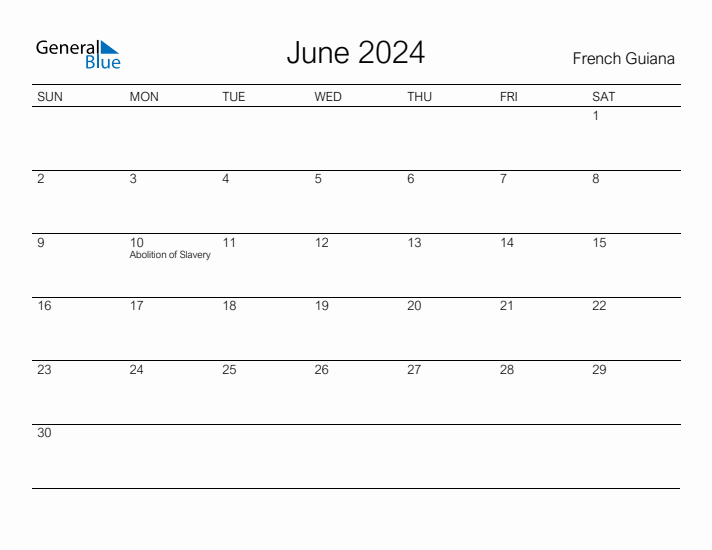 Printable June 2024 Calendar for French Guiana
