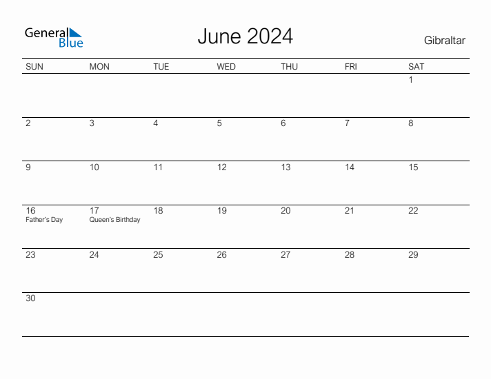 Printable June 2024 Calendar for Gibraltar