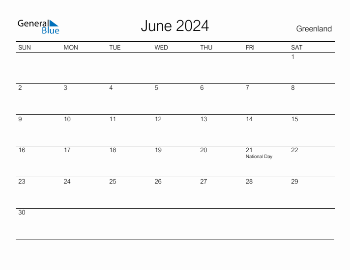 Printable June 2024 Calendar for Greenland