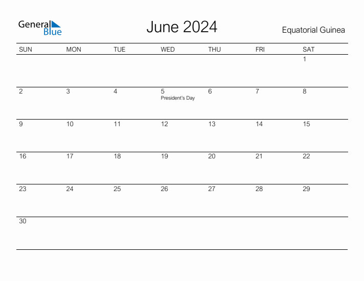 Printable June 2024 Calendar for Equatorial Guinea