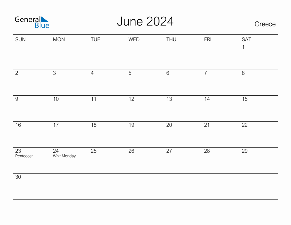 Printable June 2024 Monthly Calendar with Holidays for Greece