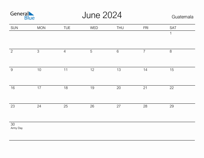 Printable June 2024 Calendar for Guatemala