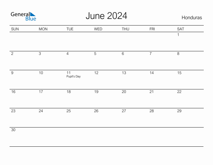 Printable June 2024 Monthly Calendar with Holidays for Honduras