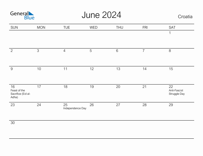 Printable June 2024 Calendar for Croatia