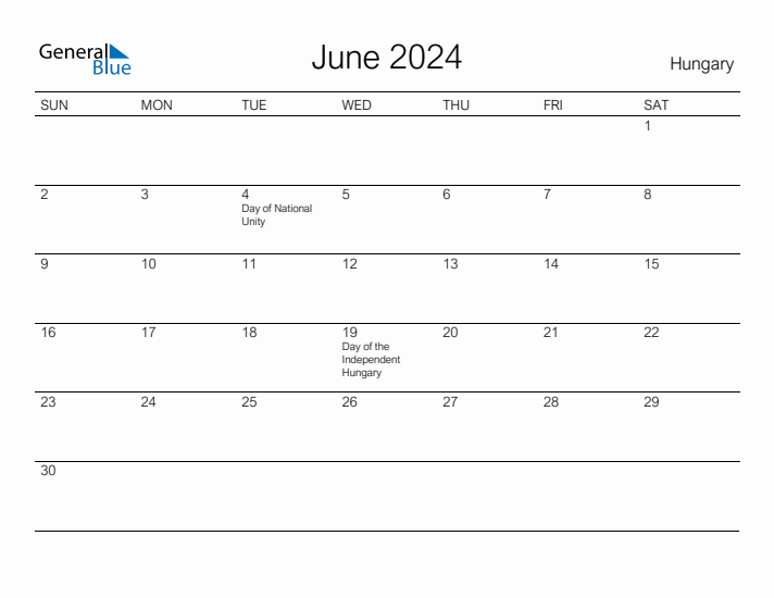 Printable June 2024 Calendar for Hungary