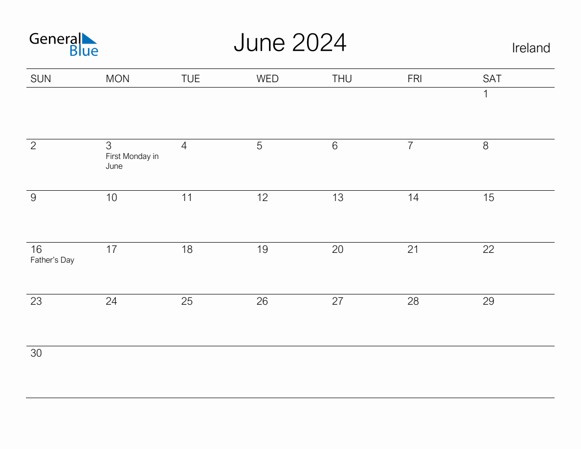 Printable June 2024 Monthly Calendar with Holidays for Ireland