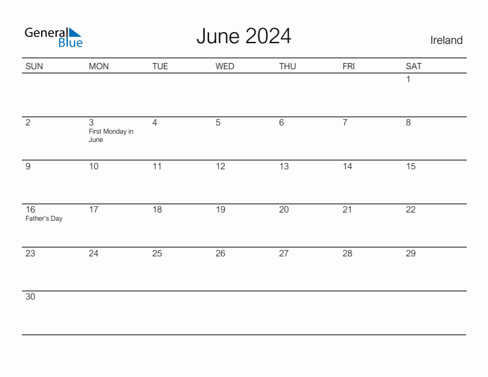 June 2024 Monthly Calendar with Ireland Holidays