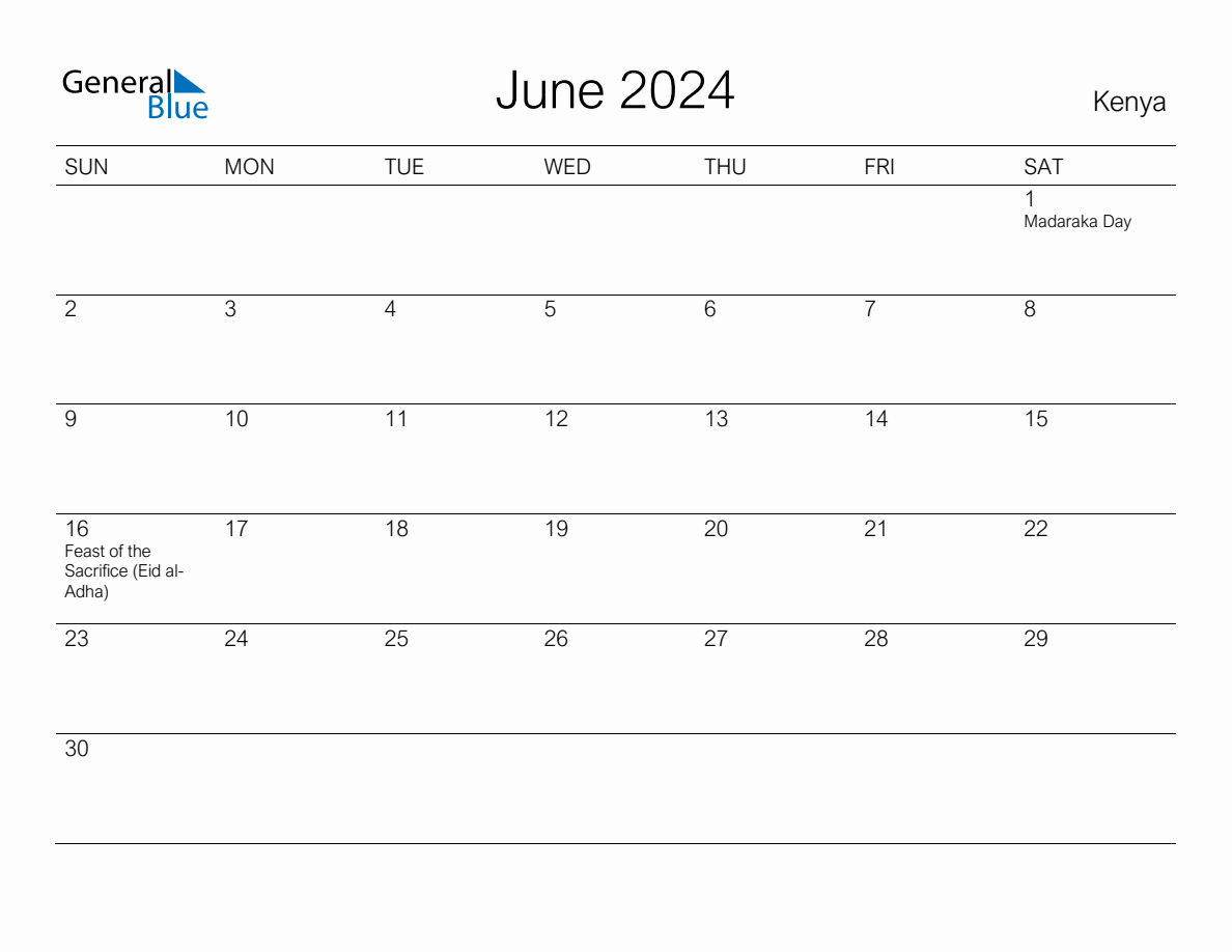 Printable June 2024 Monthly Calendar with Holidays for Kenya