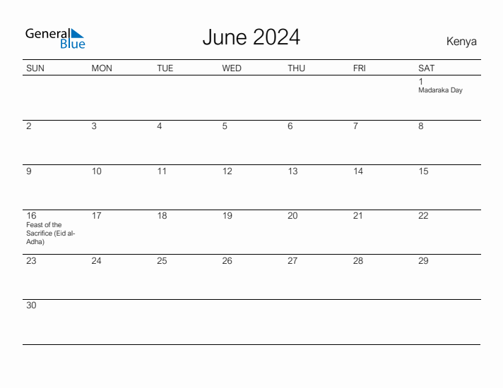 Printable June 2024 Calendar for Kenya