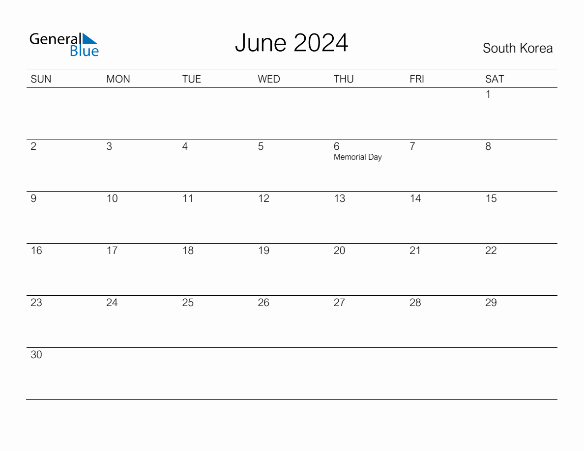 Printable June 2024 Monthly Calendar with Holidays for South Korea