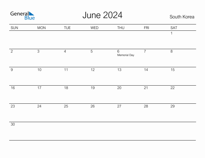 Printable June 2024 Calendar for South Korea