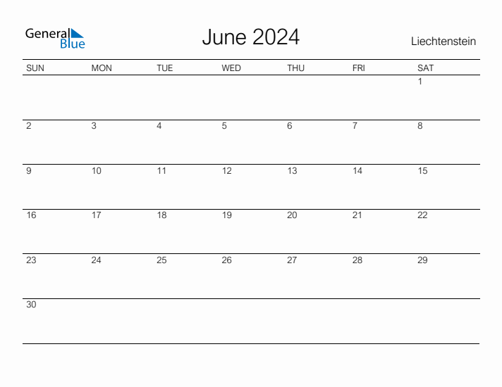 Printable June 2024 Calendar for Liechtenstein