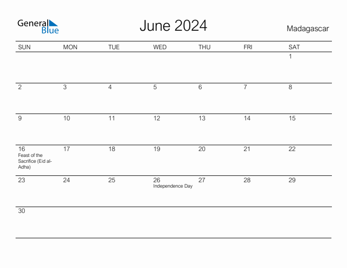 Printable June 2024 Calendar for Madagascar