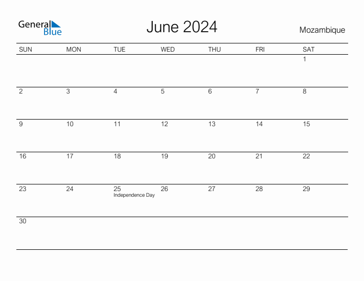 Printable June 2024 Calendar for Mozambique