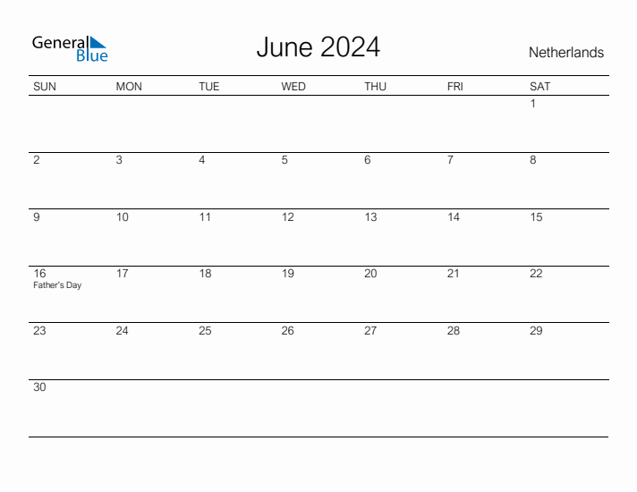 Printable June 2024 Calendar for The Netherlands