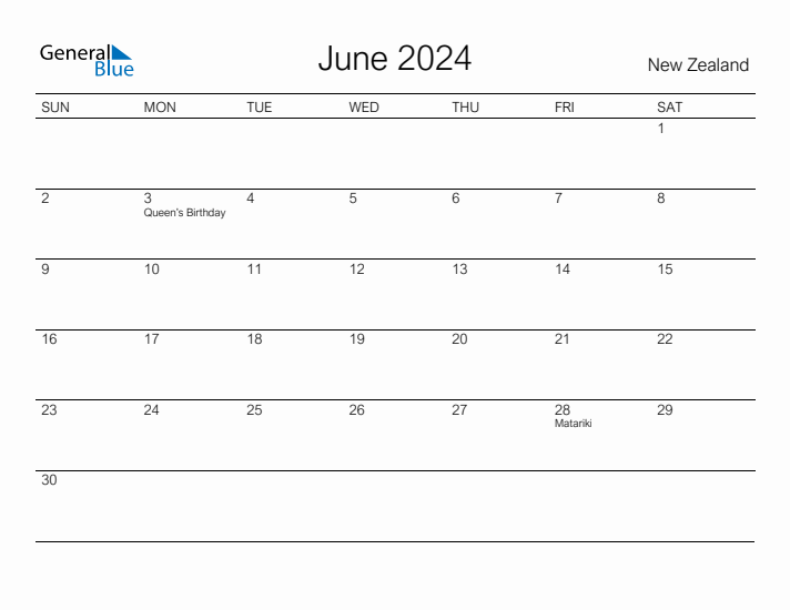 Printable June 2024 Calendar for New Zealand