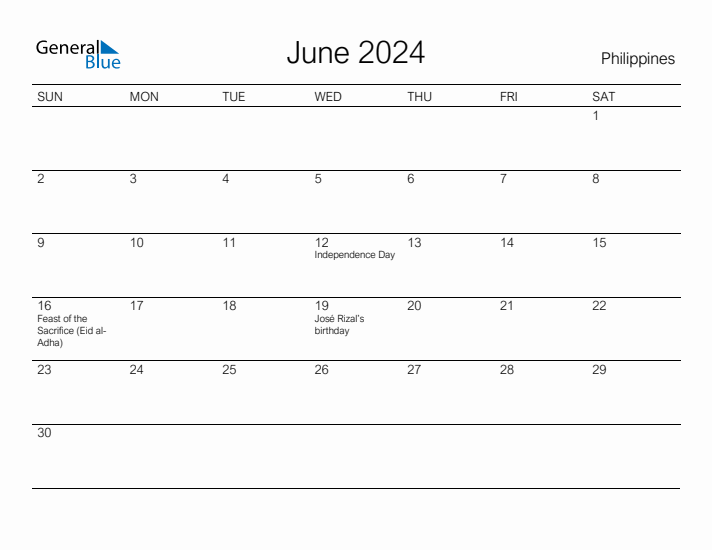 Printable June 2024 Calendar for Philippines