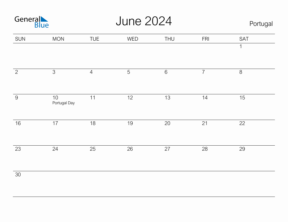 Printable June 2024 Monthly Calendar with Holidays for Portugal